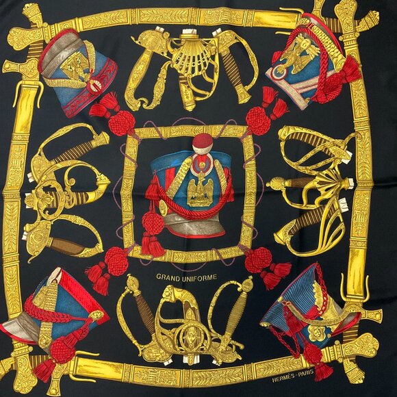 Hermes Black / Red / Blue / Gold Grand Uniforme Square Silk Twill Scarf - Picture 5 of 9